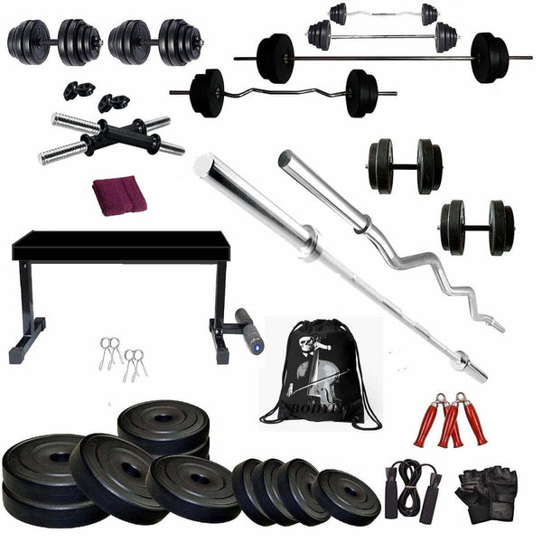 Bodyfit PVC Home Gym Set Combo, Gym Equipment, Weight Plates Flat Leg Support Bench with 5 ft Straight, 3 ft Curl Bars N 2 Dumbbell Rods, Gym Bag and Accessories Combo Set (60 kg, Black)