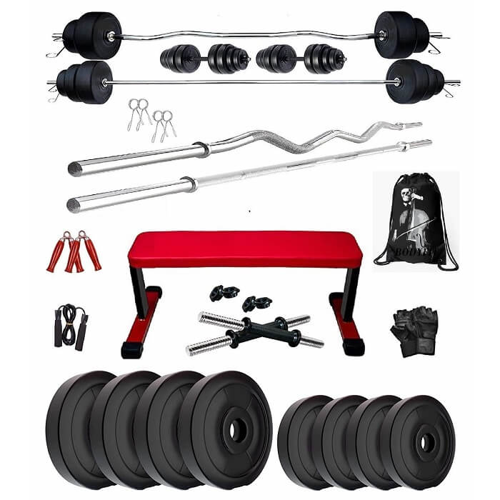 Bodyfit 60 kg Weight Plates Heavy Flat Exercise Bench with 4 Rods Home Gym Fitness Set