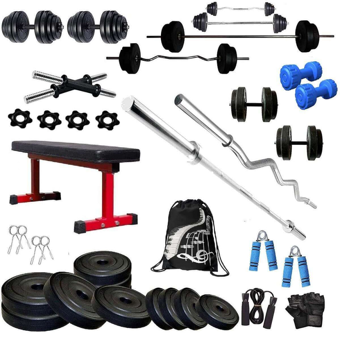 Bodyfit Home Gym Set Combo Kit, Gym Strength Training Equipment, (20-100 Kg), 3Ft Curl, 5Ft Plain Rod, Flat Bench-Red,2X14” Dumbbell Rods Weight Plates, Fitness Exercise Set