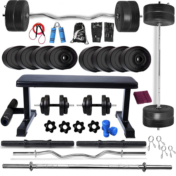 Bodyfit Home Gym Set Combo Kit, Gym Strength Training, (16-100 Kg), 3Ft Curl, 5Ft Plain Rod, Flat Bench-Leg Extension, 2X14” Dumbbell Rods Weight Plates, Fitness Exercise Set