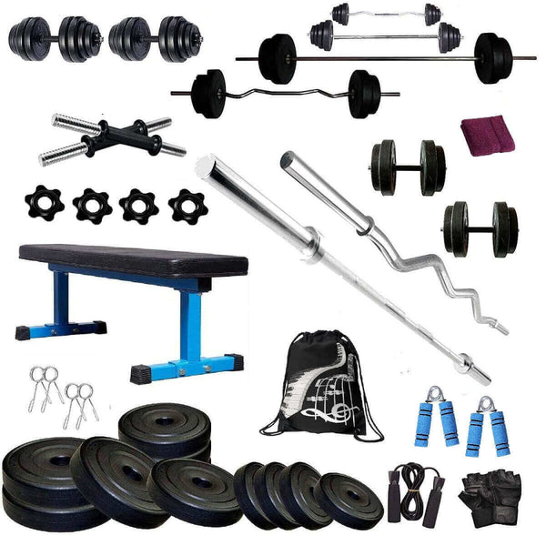 Bodyfit Home Gym Set Combo Kit, Gym Strength Training, (16-100 Kg), 3Ft Curl, 5Ft Plain Rod, Flat Bench-Blue, 2X14” Dumbbell Rods Weight Plates, Fitness Exercise Set