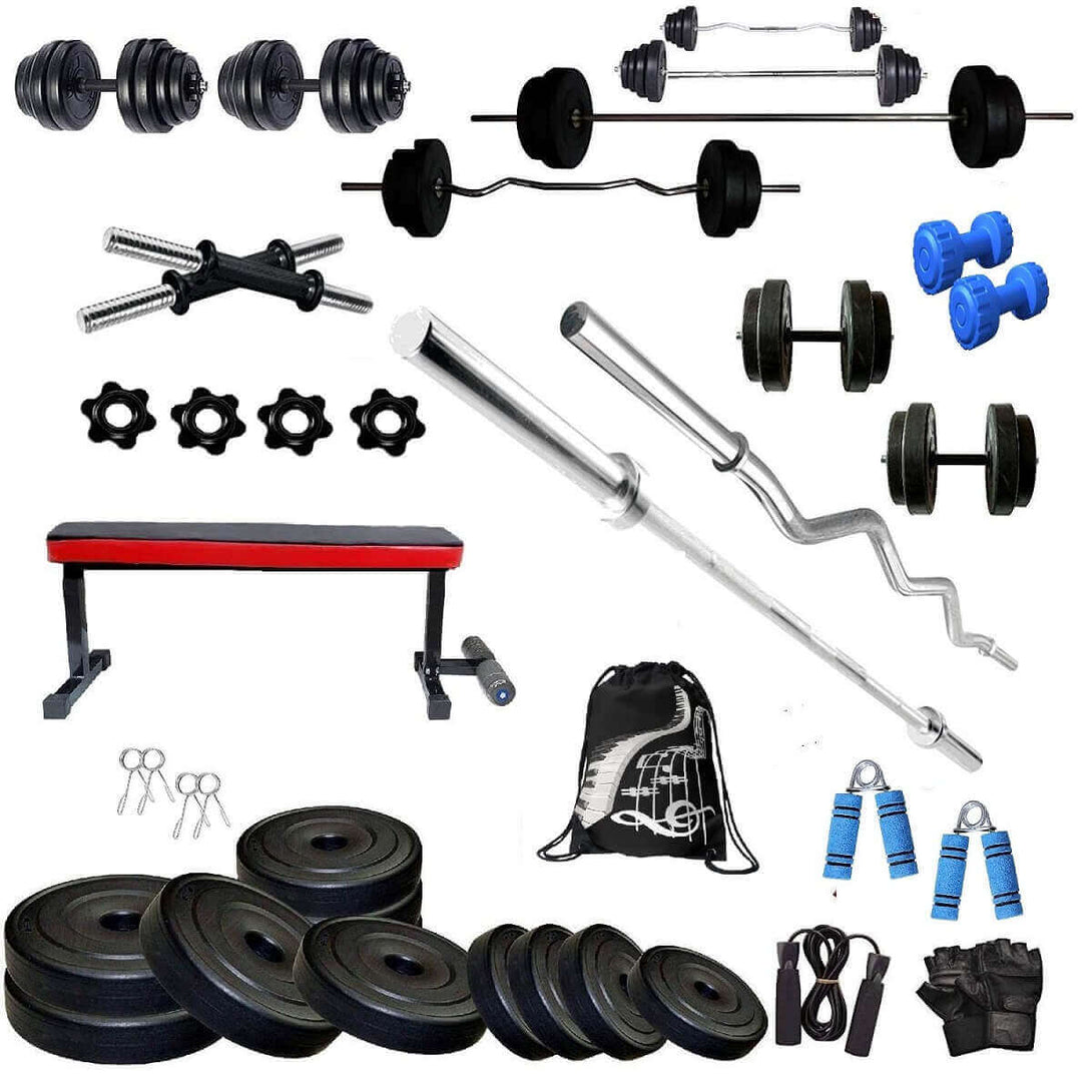 Bodyfit Home Gym Set Combo Kit, Strength Training, (20-100 Kg), 3Ft Curl, 5Ft Plain Rod, Flat Bench-Dual Leg Extension, 2X14” Dumbbell Rods Weight Plates, Fitness Exercise Set