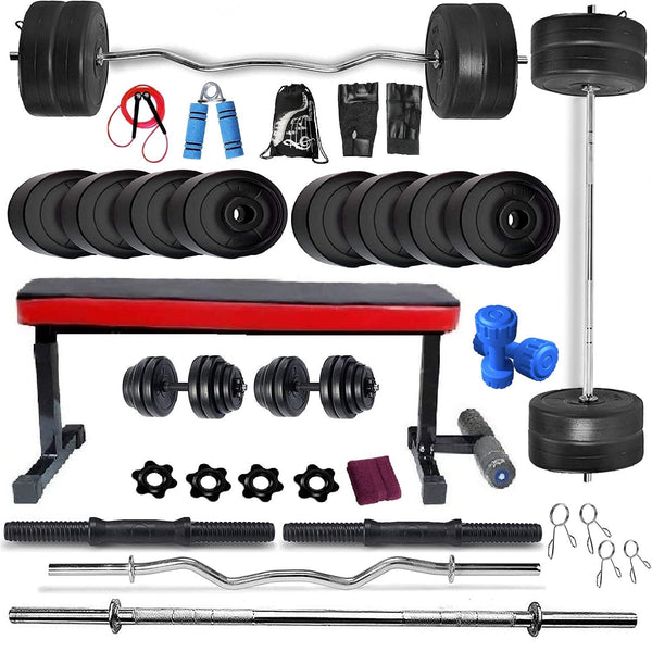 Bodyfit Home Gym Set Combo, Home Gym Kit, Gym Equipment, (20-100 Kg) with 3Ft Curl,5Ft Straight Rod, Flat Bench,2 Dumbbell Rods with Weight Plates, Fitness Exercise Set