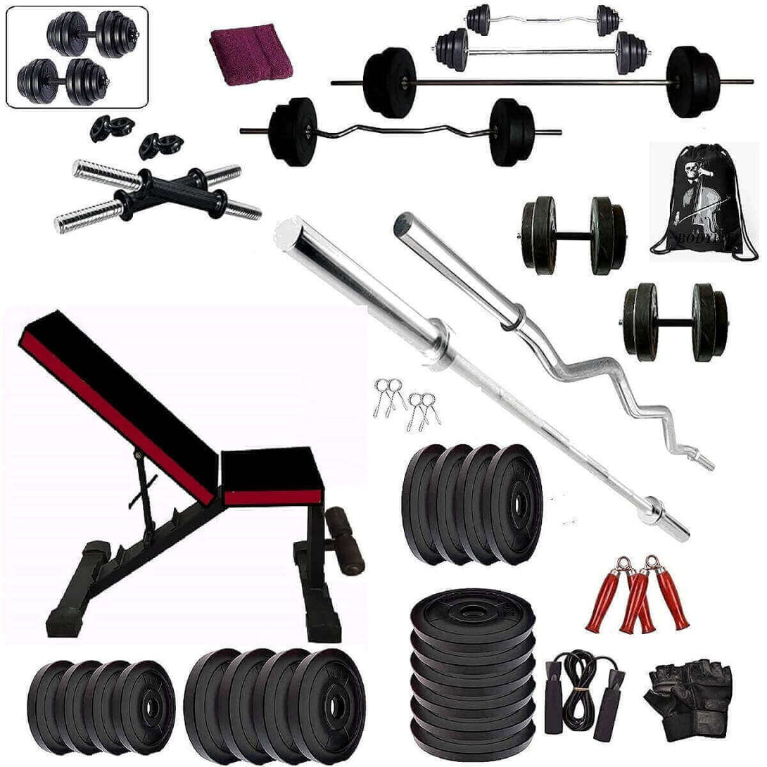 Bodyfit Home Gym Set, Home Gym Equipment Combo,3 Ft Curl +5 Ft Plain Rod n 1 Pair Dumbbell Rods, Adjustable Gym Bench, Fitness Bench, Home Gym Equipment , Gym Accessories