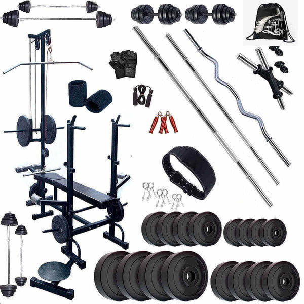 Bodyfit Weight Plates 20 In 1 Flat Bench Home Gym Fitness Package Exercise Sets (100 Kg), Multicolour