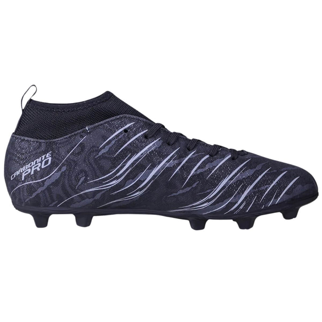 A pair of Nivia Carbonite 6.0 Pro Football Boots with a synthetic leather upper and a knitted polyester rib collar, featuring a black color scheme with patterned details and a TPU sole with diamond and round studs.