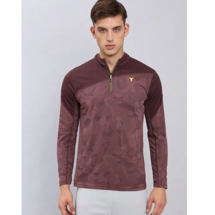 Technosport Men's Active Zip Neck Full Sleeve T-Shirt-P612 (Burgundy)