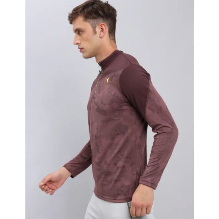 Technosport Men's Active Zip Neck Full Sleeve T-Shirt-P612 (Burgundy)