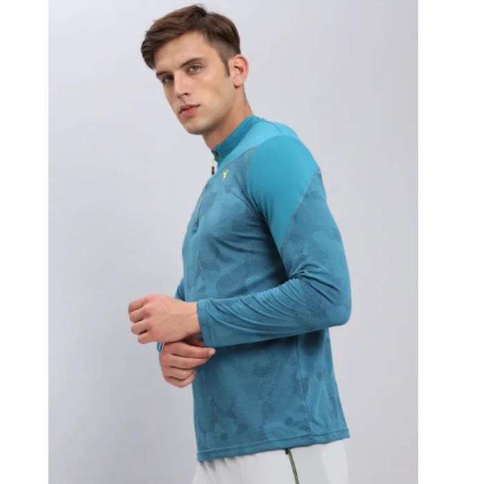 Technosport Men's Active Zip Neck Full Sleeve T-Shirt-P612 (Teal)
