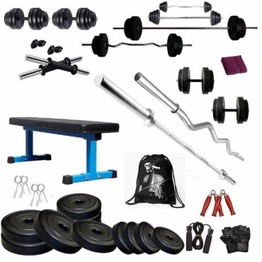 Bodyfit 80 Kg Weight Plates Home Gym Flat Bench, 4 Rods Exercise Gym Set & Fitness Dumbbell kit.