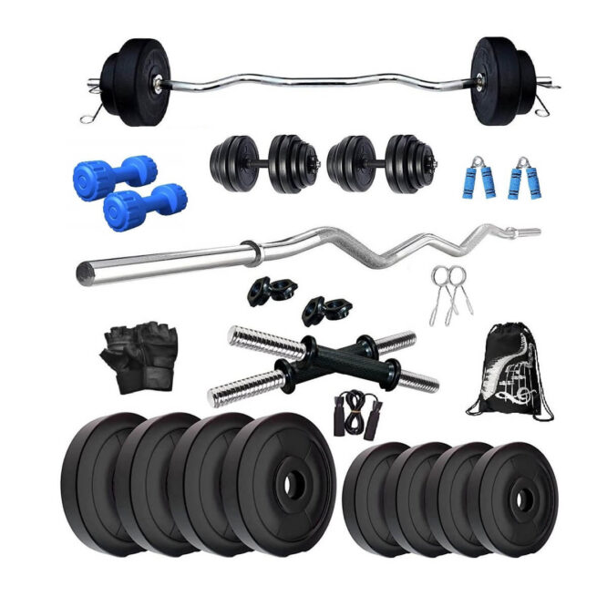 Bodyfit Fitness 15 Kg Weight Plates, 3 ft curl Rod, 2 D. Rods Home Gym Set Equipment Dumbbell Set