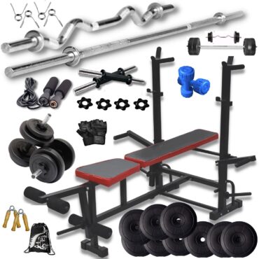 Bodyfit 100kg Weight Plates, Fitness Exercise Set, Home Gym Set Equipment with Bench (8IN1)