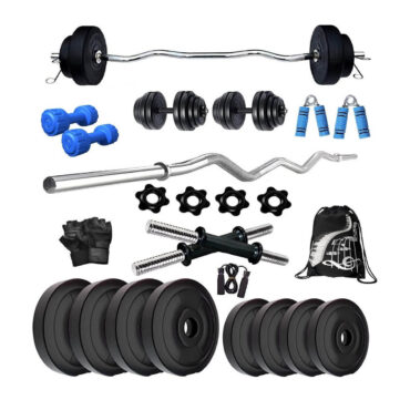 Bodyfit 15KG Weight Plates, 3ft Curl Rod,2x14 D.Rods Home Gym Dumbbell Exercise Set, Gym Bag
