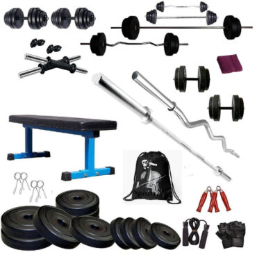 Bodyfit 20 Kg Weight Plates Home Gym Flat Bench, 4 Rods Exercise Gym Set & Fitness Dumbbell kit