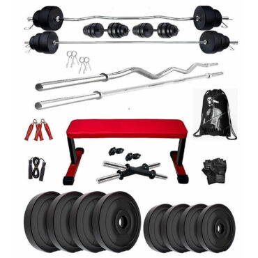 Bodyfit 20 kg Weight Plates Heavy Flat Exercise Bench with 4 Rods Home Gym Fitness Set