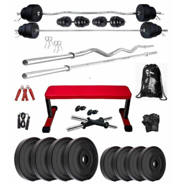 Bodyfit 24 kg Weight Plates Heavy Flat Exercise Bench with 4 Rods Home Gym Fitness Set