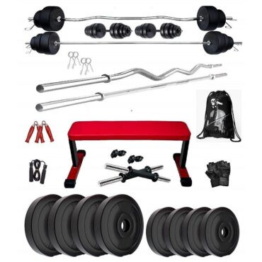 Bodyfit 40 kg Weight Plates Heavy Flat Exercise Bench with 4 Rods Home Gym Fitness Set.