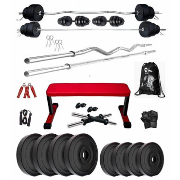 Bodyfit 60 kg Weight Plates Heavy Flat Exercise Bench with 4 Rods Home Gym Fitness Set