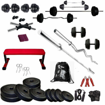 Bodyfit 80 Kg Weight Plates Home Gym Flat Bench,5ft,3ft Rod N 2 Dumbbell Rods Exercise Gym Set & Fitness kit