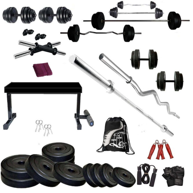 Bodyfit A-Deluxe Home Gym Set Flat Bench 30 KG Weight Plates 4 RODS & Fitness kit