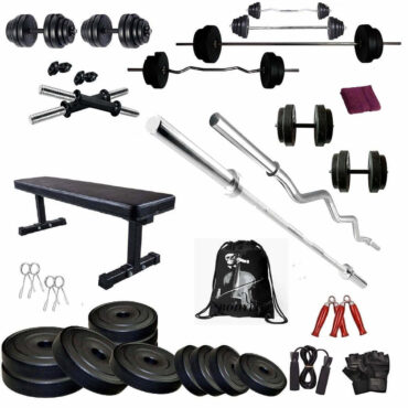 Bodyfit B-Deluxe Home Gym Set Flat Bench 60 KG Weight Plates 4 RODS & Fitness kit, Gym Bag