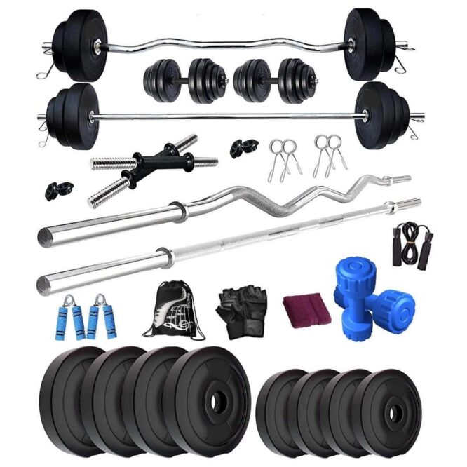 Bodyfit B-Deluxe Home Gym Set PVC 100 kg Weight Plates, 4 Rods and Fitness Kit, Gym Bag