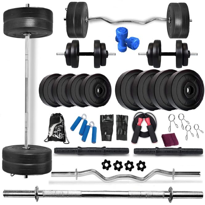 Bodyfit Deluxe Home Gym Set 20 KG Weight Plates 4 RODS & Fitness kit, Gym Bag