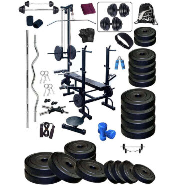 Bodyfit Home Gym Combo 20 in 1 Flat Bench with 80 kg Weight Fitness kit, Black