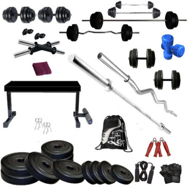 Bodyfit Home Gym Combo Flat Bench with 20 KG Weight Plates 4 RODS