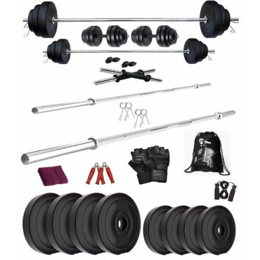 Bodyfit Home Gym Combo, Home Gym Set, Gym Equipment, 12kg Weight Plates Combo with 4Ft,3Ft Straight Bar, 2 Dumbbell Rods, Gym Bag with Accessories
