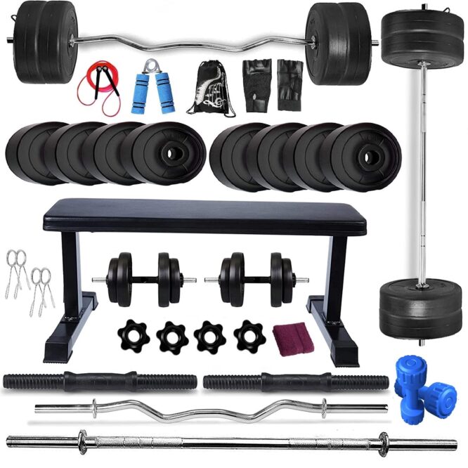 Bodyfit Home Gym Exercise Set Combo, Gym Equipment, Weight Plates Flat Bench with 5Ft Straight,3Ft Curl Rod N 2 Dumbbell Rods, Gym Bag and Accessories