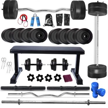 Bodyfit PVC Home Gym Set Combo, Gym Equipment, Weight Plates Flat Leg Support Bench with 5Ft Straight, 3Ft Curl Bars N 2 Dumbbell Rods, Gym Bag and Accessories (40KG Set), Black