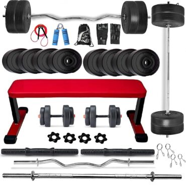 Bodyfit Weight Plates Heavy Flat Exercise Bench with 4 Rods Home Gym Fitness Set (15kg-100kg)