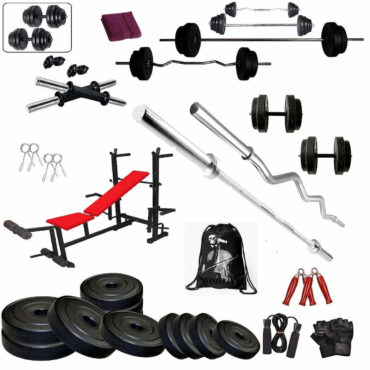 Bodyfit PVC Home Gym Equipment Combo Set, 20 Kg Weight Plates, 8 in1 Multi-Purpose Flat Bench with 2 Bars and 2 Dumbbell Rods, Gym Bag and Accessories (Black)