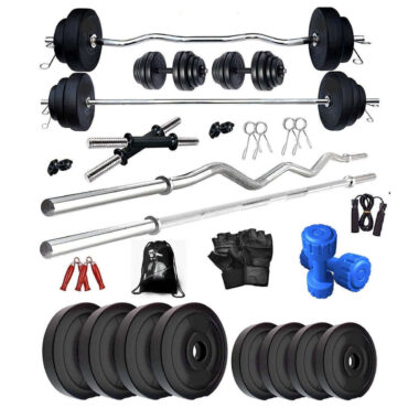Bodyfit Home Gym Combo Set, Gym Equipment, [8Kg-100 Kg], 3ft Curl, 5Ft Straight Rod + One Pair Dumbbell Rods, PVC Dumbbell Plates, Weight Plates, Exercise Set, Home Gym Kit