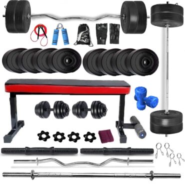 Bodyfit Home Gym Set Combo, Home Gym Kit, Gym Equipment, (20-100 Kg) with 3Ft Curl,5Ft Straight Rod, Flat Bench,2 Dumbbell Rods with Weight Plates, Fitness Exercise Set (1)
