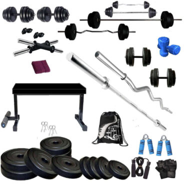 Bodyfit Home Gym Set Combo Kit, Gym Equipment, (16-100 Kg), 3Ft Curl, 5Ft Straight Rod, Flat Leg Extension Bench,2X14 Dumbbell Rods Weight Plates, Fitness Exercise Set