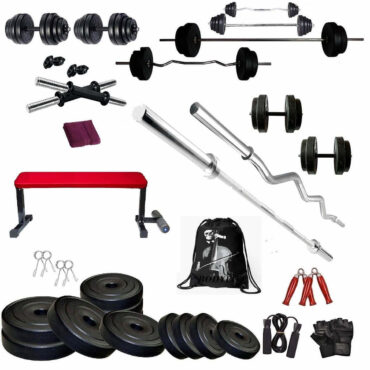 Bodyfit Home Gym Set Combo Kit, Gym Equipment, (16-100 Kg), 3Ft Zig Zag, 5Ft Plain Rod, Flat Red Leg Extension Bench,2X14 Dumbbell Rods Weight Plates, Fitness Exercise Set