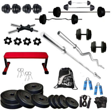 Bodyfit Home Gym Set Combo Kit, Gym Strength Training, (16-100 Kg), 3Ft Curl, 5Ft Plain Rod, Flat Bench-Heavy, 2X14'' Dumbbell Rods Weight Plates, Fitness Exercise Set