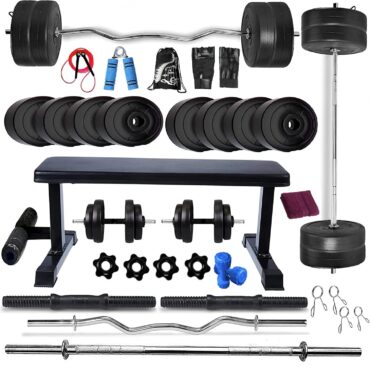 Bodyfit Home Gym Set Combo Kit, Gym Strength Training, (16-100 Kg), 3Ft Curl, 5Ft Plain Rod, Flat Bench-Leg Extension, 2X14'' Dumbbell Rods Weight Plates, Fitness Exercise Set (2)