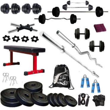 Bodyfit Home Gym Set Combo Kit, Gym Strength Training Equipment, (16-100 Kg), 3Ft Curl, 5Ft Plain Rod, Flat Bench-Red,2X14'' Dumbbell Rods Weight Plates, Fitness Exercise Set