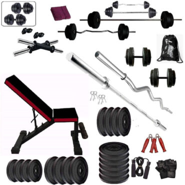 Bodyfit Home Gym Set, Home Gym Equipment Combo,3 Ft Curl +5 Ft Plain Rod n 1 Pair Dumbbell Rods, Adjustable Gym Bench, Fitness Bench, Home Gym Equipments for Men, Gym Accessories