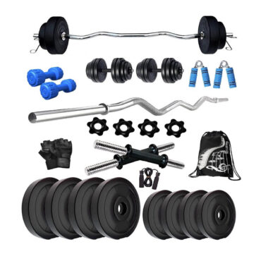 Bodyfit 18KG Weight Plates, 3ft Curl Rod,2x14 D.Rods Home Gym Dumbbell Exercise Set, Gym Bag