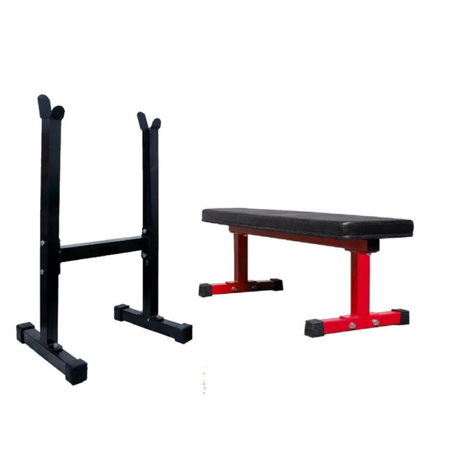 Bodyfit Combo Pack - Weight Lifting Flat Red-Model Bench + Biceps Stand, Strength Training Exercise Bench Set Home Gym Set