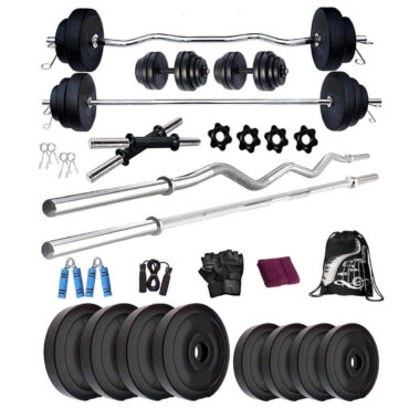 Bodyfit Home Gym Set 10 Kg to 70 Kg with 5 Ft Straight and 3 Ft Curl Rod, 2 Dumbbell Rods Complete Exercise Set Training Equipment Combo