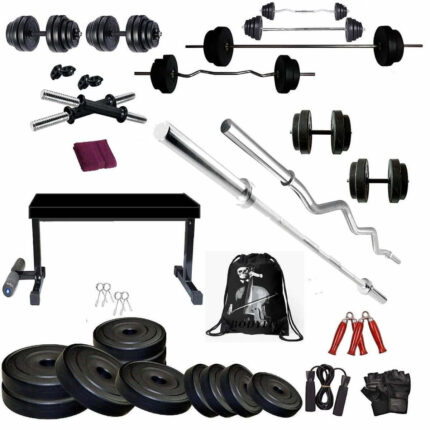 Bodyfit Home Gym Set Combo, Gym Equipment, Weight Plates Flat Leg Support Bench with 2 Bars N 2 Dumbbell Rods, Gym Bag and Accessories (20KG Combo)