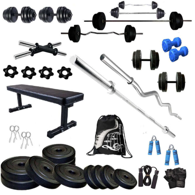 Bodyfit Home Gym Set Combo Kit, Gym Strength Training, (20-100 Kg), 3Ft Curl, 5Ft Plain Rod, Flat Bench-Black, 2X14'' Dumbbell Rods Weight Plates, Fitness Exercise Set