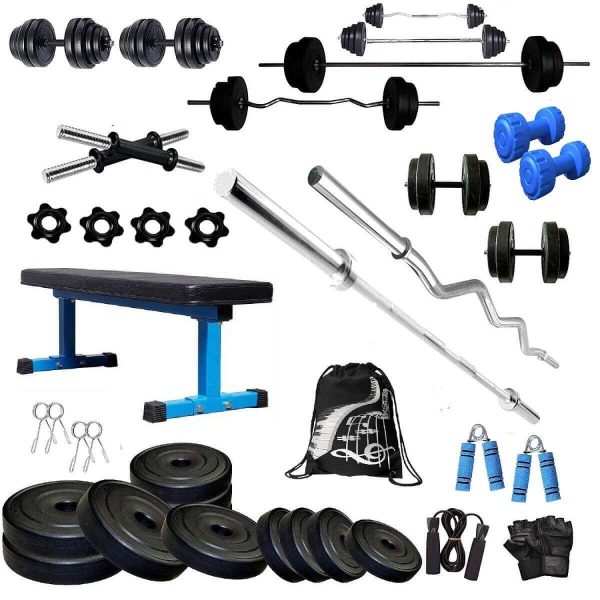 Bodyfit Home Gym Set Combo Kit, Gym Strength Training, (20-100 Kg), 3Ft Curl, 5Ft Plain Rod, Flat Bench-Blue, 2X14'' Dumbbell Rods Weight Plates, Fitness Exercise Set
