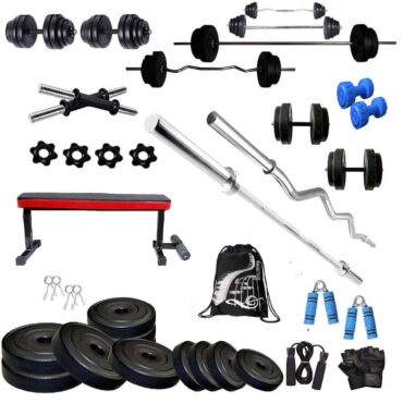 Bodyfit Home Gym Set Combo Kit, Strength Training, (20-100 Kg), 3Ft Curl, 5Ft Plain Rod, Flat Bench-Dual Leg Extension, 2X14'' Dumbbell Rods Weight Plates, Fitness Exercise Set