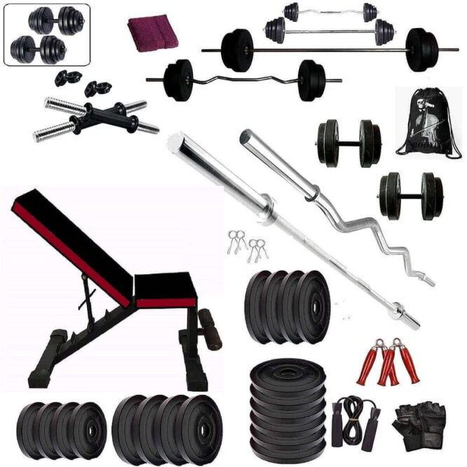 Bodyfit Home Gym Set, Home Gym Equipment Combo,3 Ft Curl +5 Ft Plain Rod n 1 Pair Dumbbell Rods, Adjustable Gym Bench, Fitness Bench, Home Gym Equipment, Gym Accessories